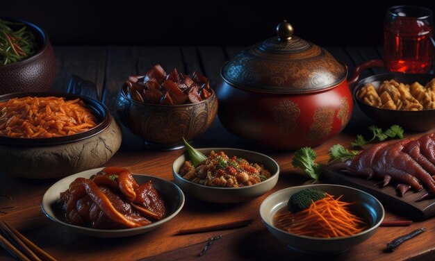 Piatti cinesi tradizionali sulla tavola di legno