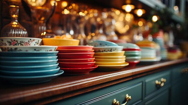 Piatti colorati sullo scaffale in una moderna cucina generativa ai