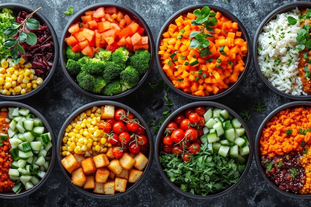 Piatti di un ristorante vegano o vegetariano con una vista dall'alto un assortimento di piatti della cucina tradizionale indiana su uno sfondo blu