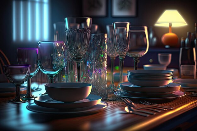 Piatti e bicchieri sul tavolo in camera dopo la festa