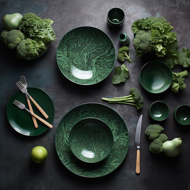 Piatti e ciotole verdi con sopra i broccoli e una ciotola con un motivo a foglie verdi.