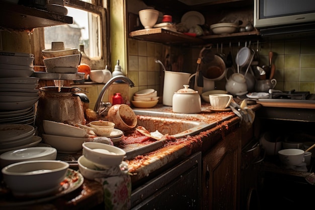 Piatti e utensili in una vecchia cucina rustica Disordine in cucina Interno della cucina con una pila di piatti sporchi dopo cena AI Generato