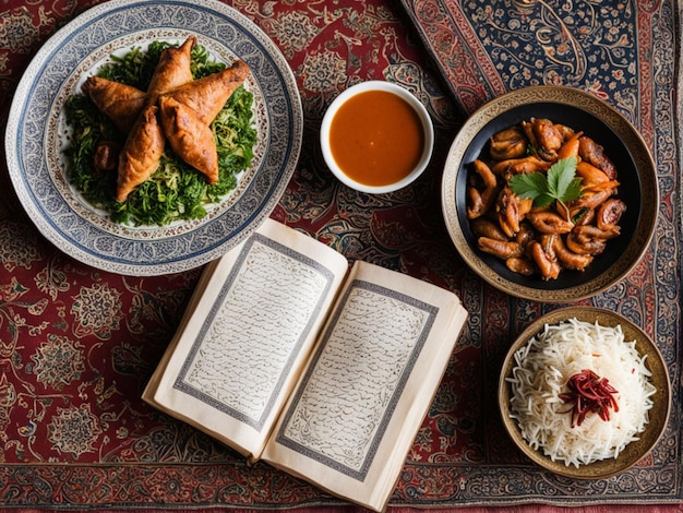 Piatti orientali tradizionali con un libro del Corano sul tavolo