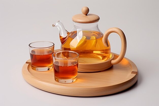 Piatti per servire il tè su tavolo di legno su sfondo bianco