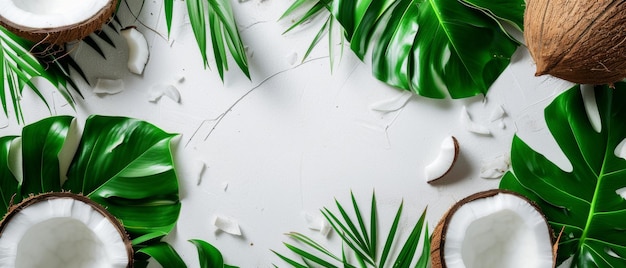 Piatto a tema tropicale con noci di cocco e foglie di palma su una superficie bianca brillante