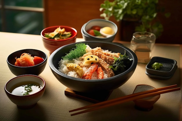 Piatto assortito sano e gustoso di cibo giapponese Ai generato
