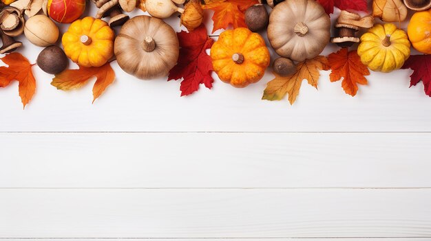 Piatto autunnale colorato con funghi e foglie di zucca