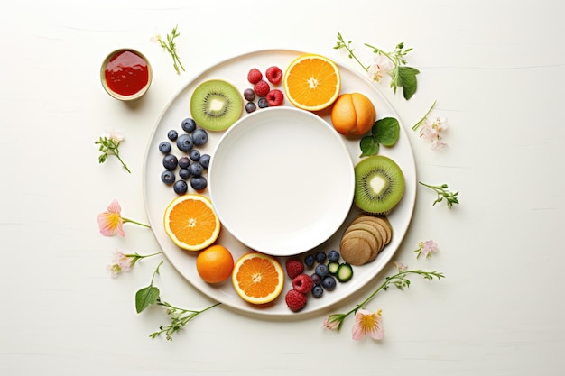 piatto bianco con cibo sano frutta e bacche su uno sfondo bianco vista superiore spazio libero ai generativo