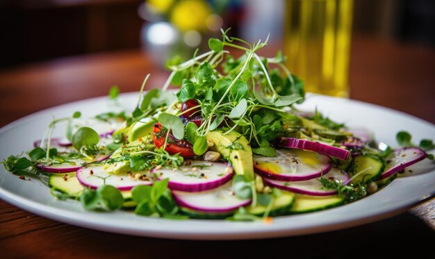 Piatto bianco con radice e insalata di cetriolo