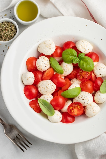 Piatto bianco di classica deliziosa insalata caprese.