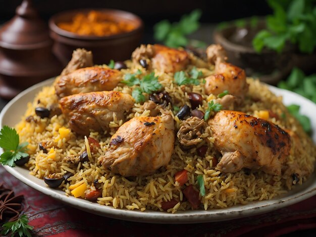 Piatto biryani di pollo delizioso e saporito con sfondo bianco isolato