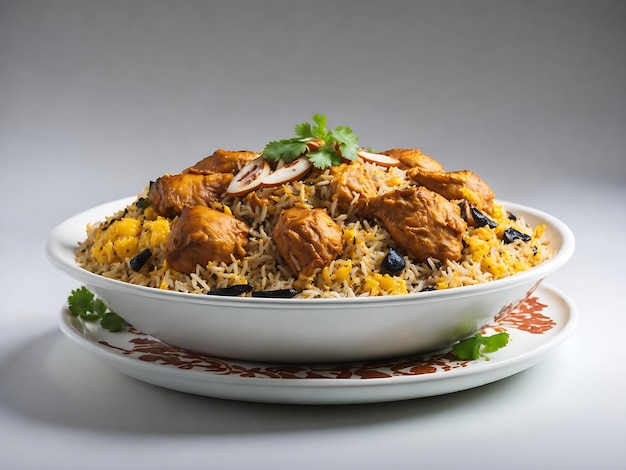 Piatto biryani di pollo delizioso e saporito con sfondo bianco isolato