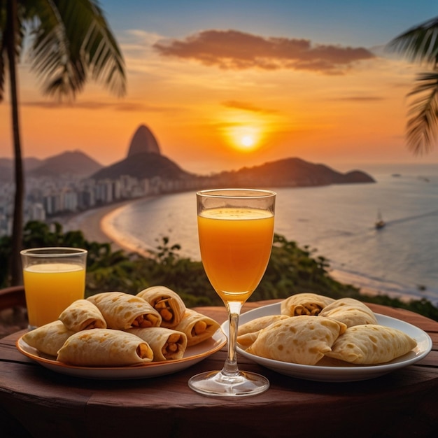 Piatto con bicchiere di roti pieni di succo di frutta fresca e dessert sullo sfondo del tramonto creato da AI