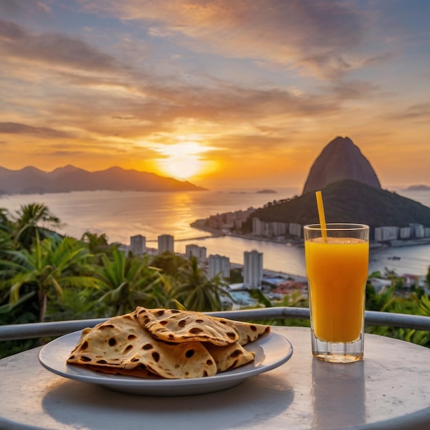 Piatto con bicchiere di roti pieni di succo di frutta fresca e dessert sullo sfondo del tramonto creato da AI