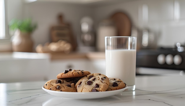 Piatto con biscotti e bicchiere di latte sul tavolo in una cucina moderna