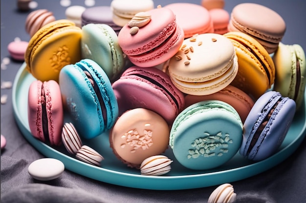 Piatto con biscotti macaron francesi assortiti AI generativa