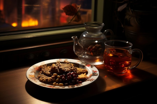 Piatto con cibo vicino a una tazza di bevande e una teiera