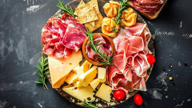 Piatto con formaggio e prosciutto prosciutto jamon salami e spuntini Generative Ai