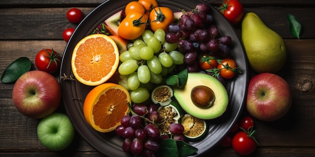 Piatto con frutta e verdura su tavola di legno Cibo sano vista dall'alto