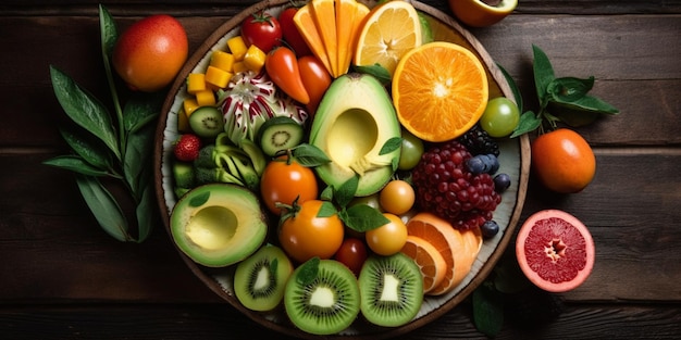 Piatto con frutta e verdura su tavola di legno Cibo sano vista dall'alto