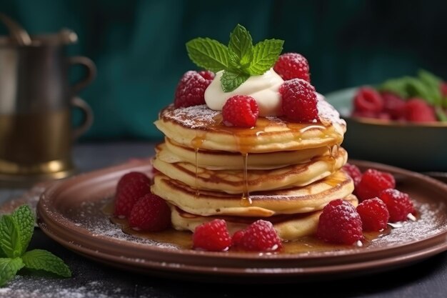 Piatto con gustose frittelle sottili o crepes sul tavolo della cucina AI Generativo