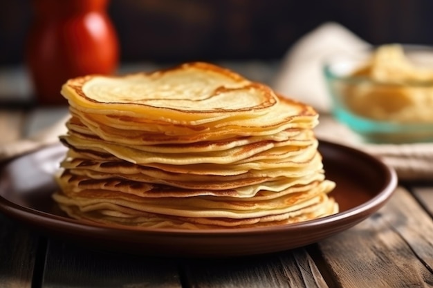 Piatto con gustose frittelle sottili o crepes sul tavolo della cucina AI Generativo