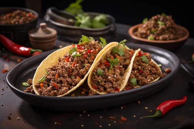 Piatto con gustosi tacos messicani e ingredienti su sfondo bianco