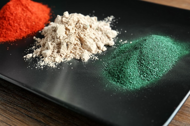 Foto piatto con il primo piano variopinto differente delle polveri del superfood