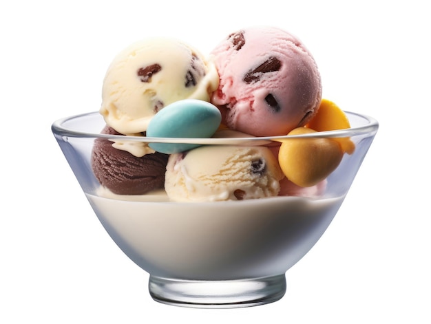 Piatto con palline colorate di gelato con noci e scaglie di cioccolato isolato su sfondo bianco