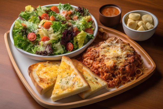 Piatto con pane all'aglio lasagne e insalata di giardino