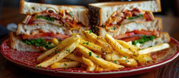 Piatto con patatine fritte e panino a metà