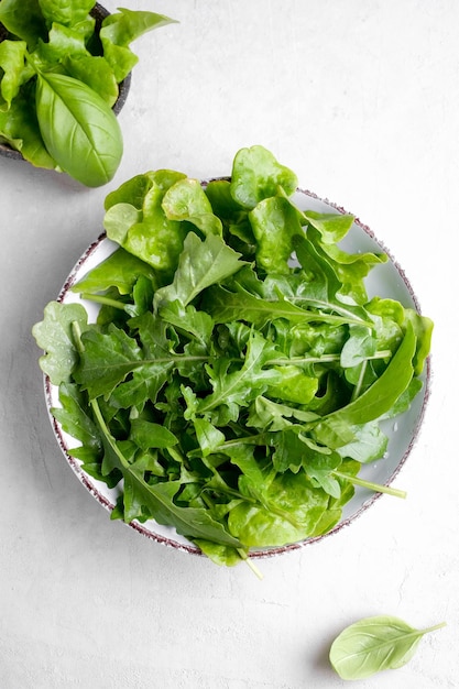 Piatto con piante di rucola fresca su sfondo bianco Cibo con vista dall'alto Piatto vegetariano sano