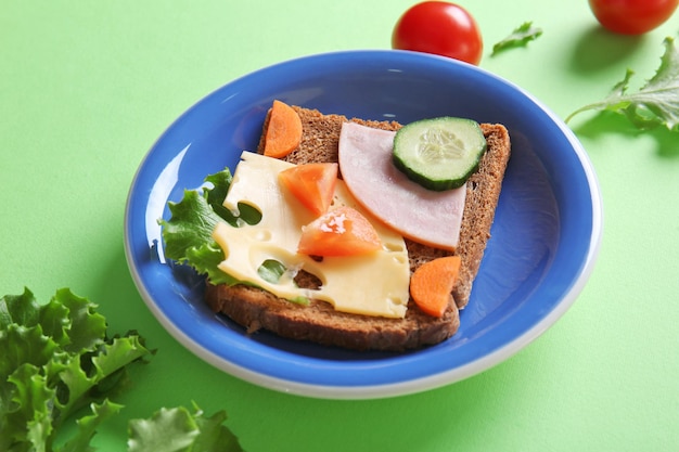 Piatto con sandwich creativo su sfondo verde