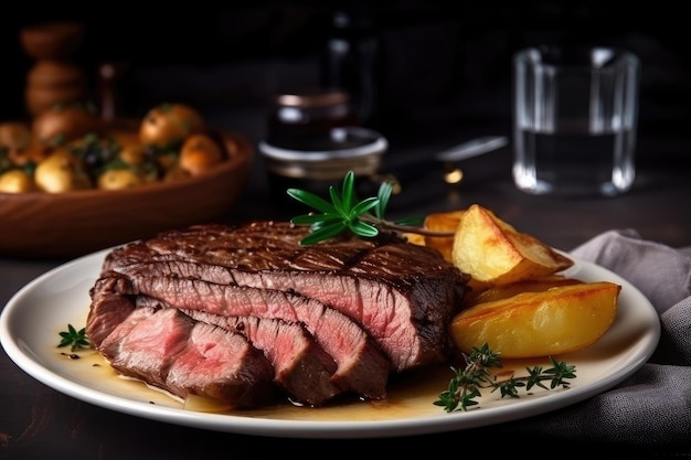 Piatto con succosa bistecca e fumante mucchio di patate pronto per la cena