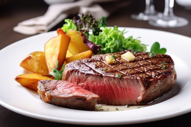 Piatto con succosa bistecca e fumante mucchio di patate pronto per la cena