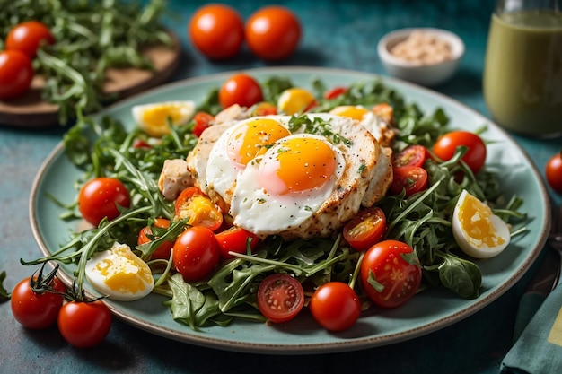 piatto con un cibo dietetico cheto pomodorini petto di pollo uova insalata di carote con