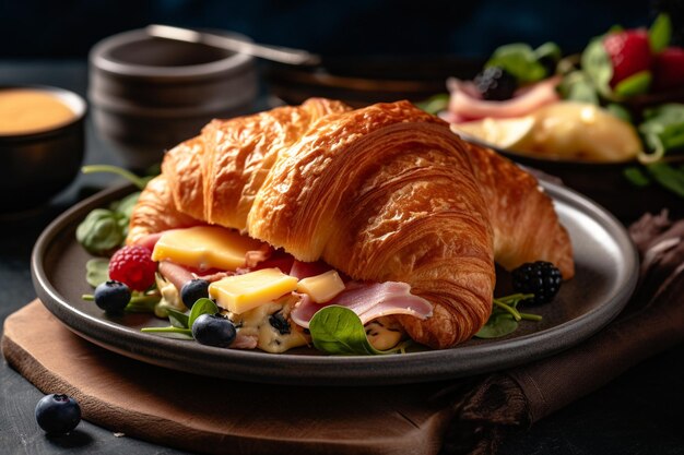 piatto con un formaggio croissant e prosciutto