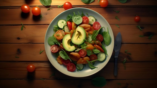 Piatto con un'insalata molto appetitosa su un tavolo di legno IA generativa