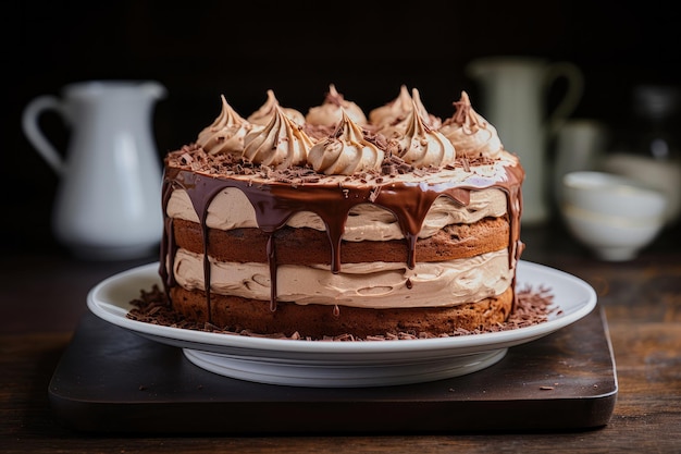 Piatto con un pezzo di deliziosa torta al cioccolato su un tavolo di legno