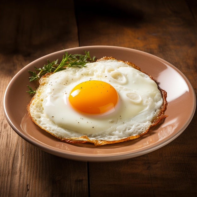 Piatto con un uovo fritto sul lato soleggiato su un tavolo di legno