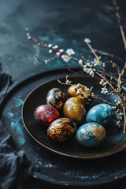 Piatto con uova di Pasqua su sfondo scuro