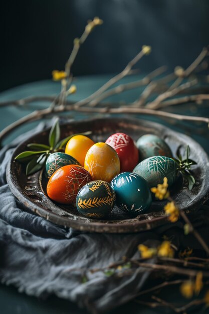 Piatto con uova di Pasqua su sfondo scuro