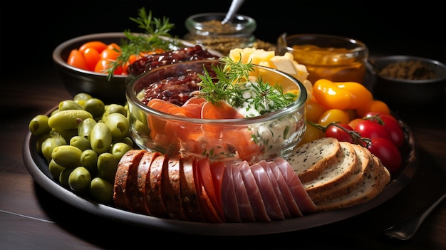 Piatto con verdure salsiccia formaggio olive su uno sfondo scuro in stile rustico ristorante
