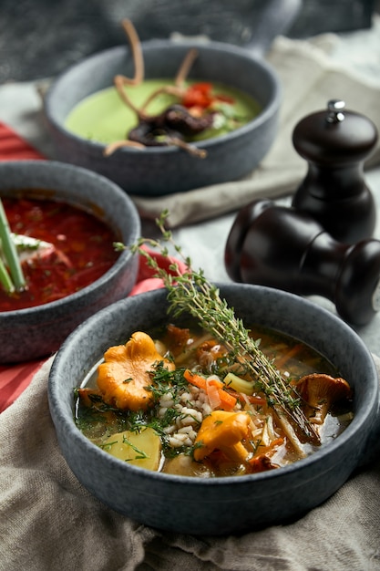 Piatto con zuppa di asparagi con polpo, piatto di borscht tradizionale con panna acida, piatto con zuppa di funghi