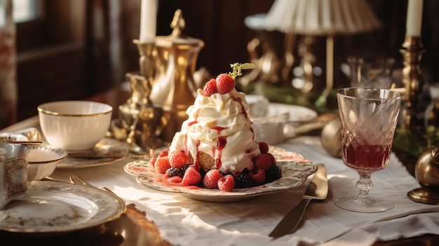 Piatto da dessert con una splendida tavola apparecchiata sullo sfondo AIGenerated