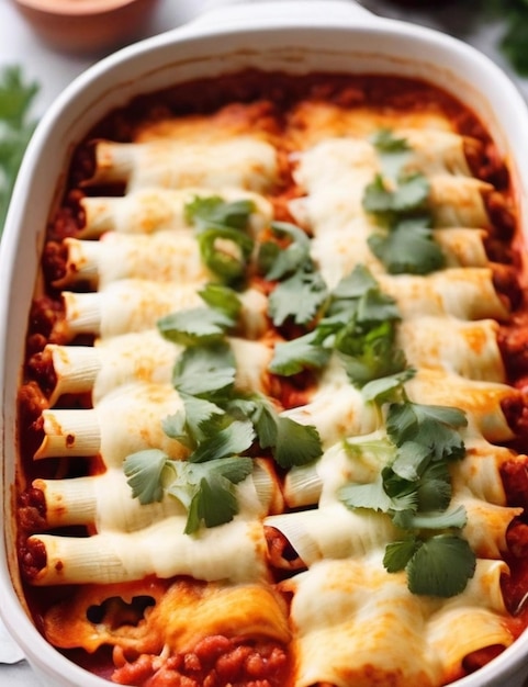 Piatto da forno pieno di enchilade di formaggio in salsa rossa