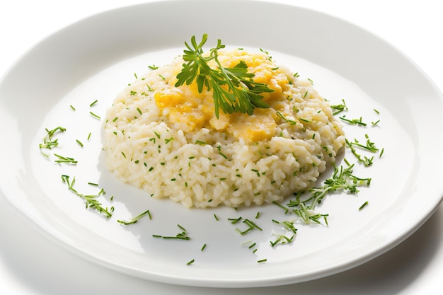 Piatto da pranzo bianco con risotto condito con parmigiano ed erba cipollina isolata su bianco