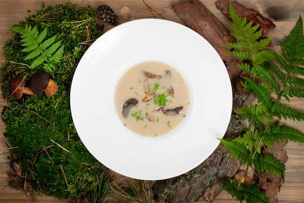 Piatto da ristorante bianco con zuppa di funghi crema di boletus