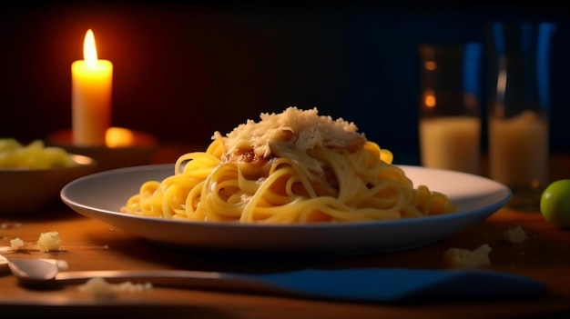 Piatto del ristorante Fettuccine Alfredo di pollo su un piatto