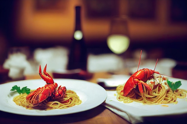 Piatto di alta cucina con spaghetti all'astice, stracciatella di bufala e un buon vino bianco